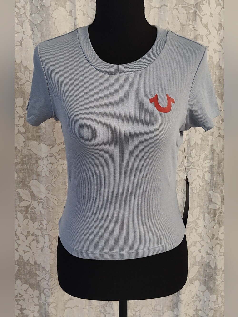 True Religion Women's Ribbed Logo Baby Tee size Small Dusty Blue